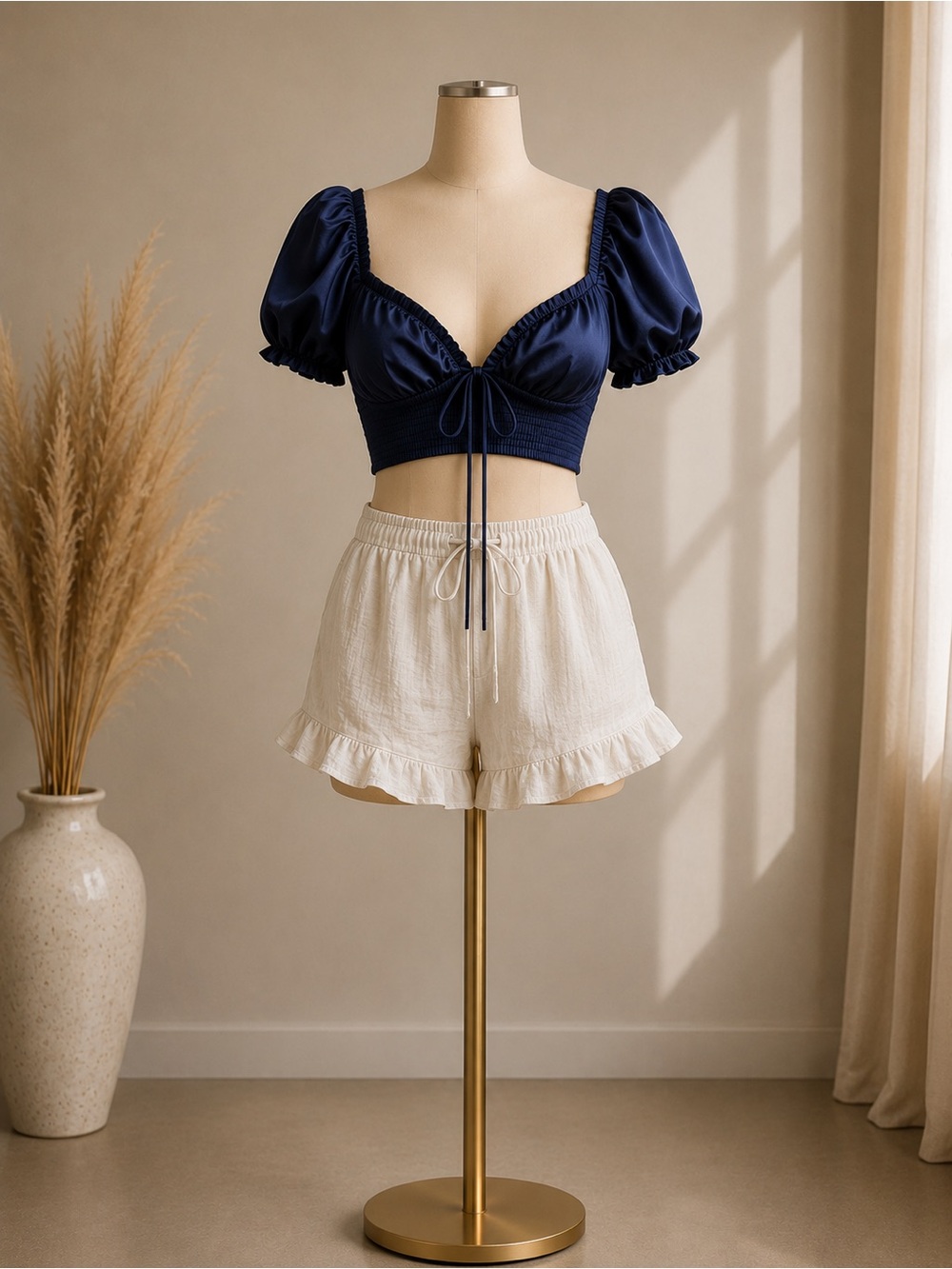 Navy Puff Sleeve Crop Top with Tie Front
